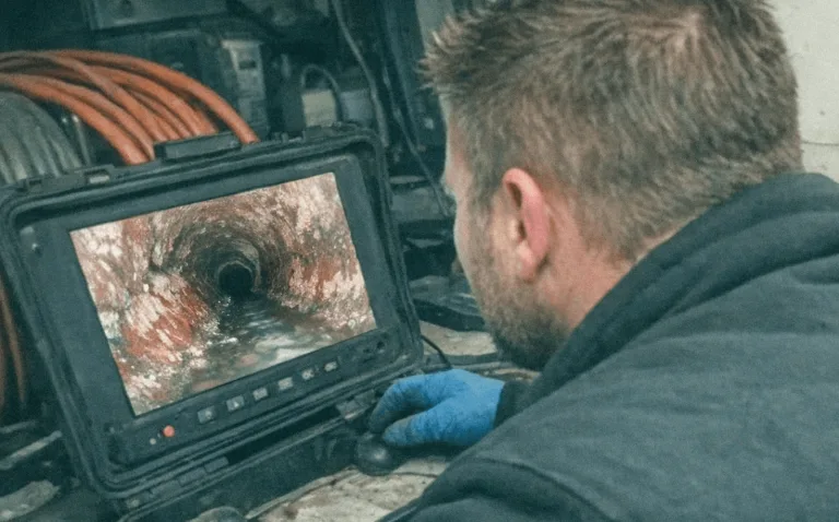 Vorher-Nachher TV-Inspektion einer verstopften Hauptleitung im Kellerbereich