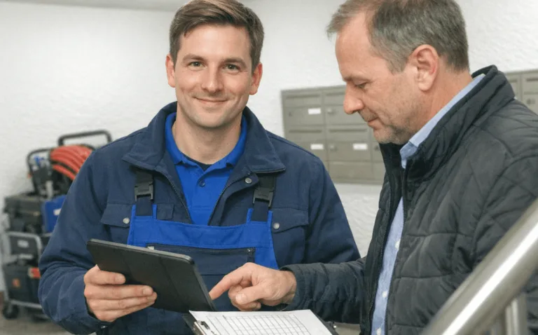 Servicetechniker erklärt einem Kunden die Preis- und Ablaufübersicht für eine Rohrreinigung auf einem Tablet