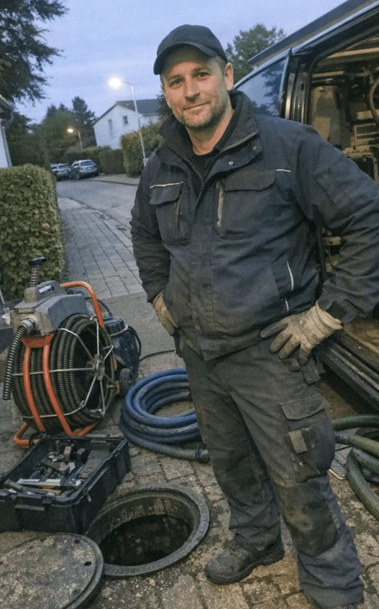 Ein Techniker rollt eine Schutzmatte aus, um professionelle Sauberkeit bei der Abflussreinigung zu gewährleisten.