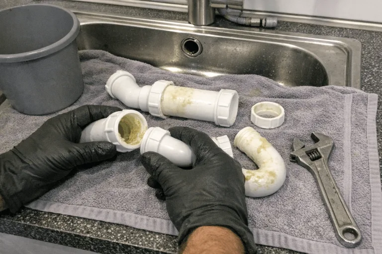Demontierter Siphon unter einer Küchenspüle bei der Rohrreinigung