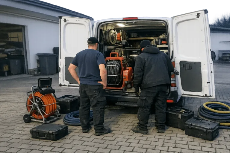 Team von Rohrreinigung Punz neben Servicefahrzeug bei professionellem Einsatz zur Rohrreinigung