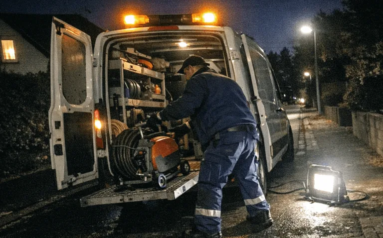 Techniker bei einem nächtlichen Rohrnotdienst mit Arbeitslicht an einem Hauseinsatz