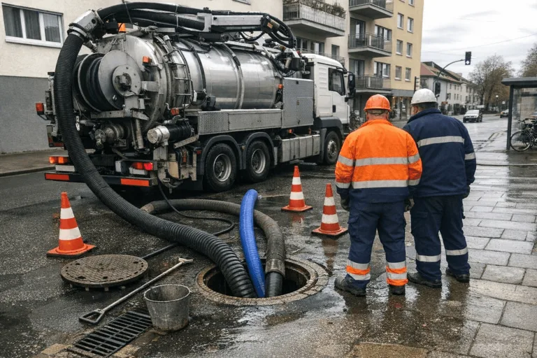 Großer Saug- und Spülfahrzeugwagen bei professioneller Kanalreinigung neben offenem Kanalschacht.