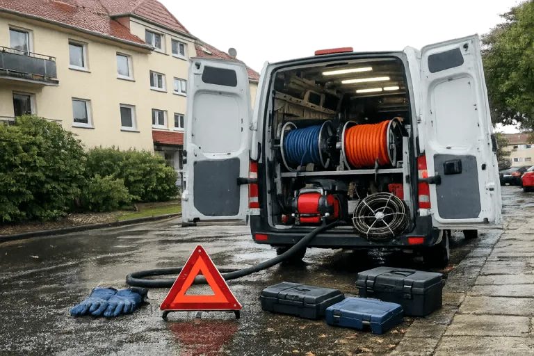 Notdienst-Fahrzeug zur Rohrreinigung mit Warnschildern an einer Wohnimmobilie während eines Notrufs.