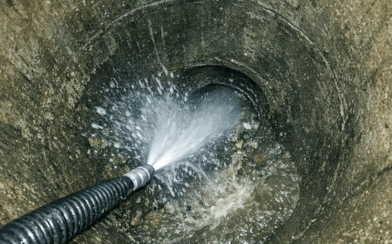 Hochdruckspülfahrzeug im Einsatz bei der Reinigung eines Regenwasserkanals auf einer Straße