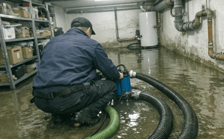 Wasserlache auf einem Kellerboden bei Rückstau am Hauptabfluss