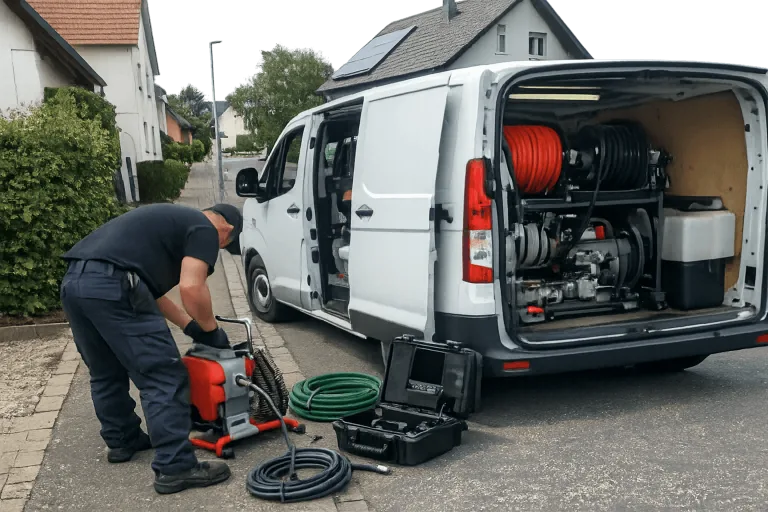 Rohrreinigungsfahrzeug im Einsatz vor Wohnhaus in Bayern bei einer verstopften Leitung