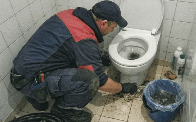 Kleine Handspirale und Reinigungsmittel bei einem WC-Einsatz