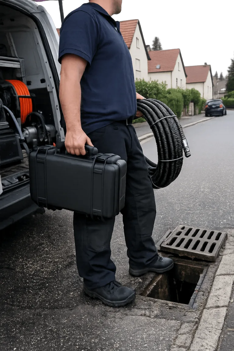 Professioneller Rohrreinigungstechniker mit Serviceausrüstung in Wohngebiet in München, vertrauenswürdig