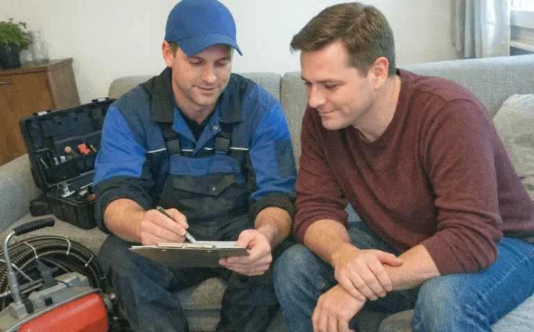 Zufriedener Kunde gibt einem Handwerker nach einer erfolgreichen Abflussreinigung die Hand