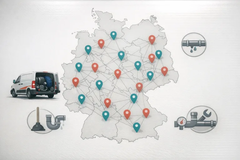 Deutschlandkarte mit markierten Servicegebieten für Rohr- und Kanalreinigung.
