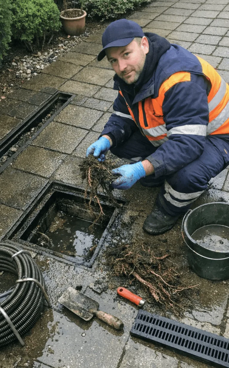 Geöffneter Revisionsschacht zur Prüfung einer verstopften Hauptabflussleitung