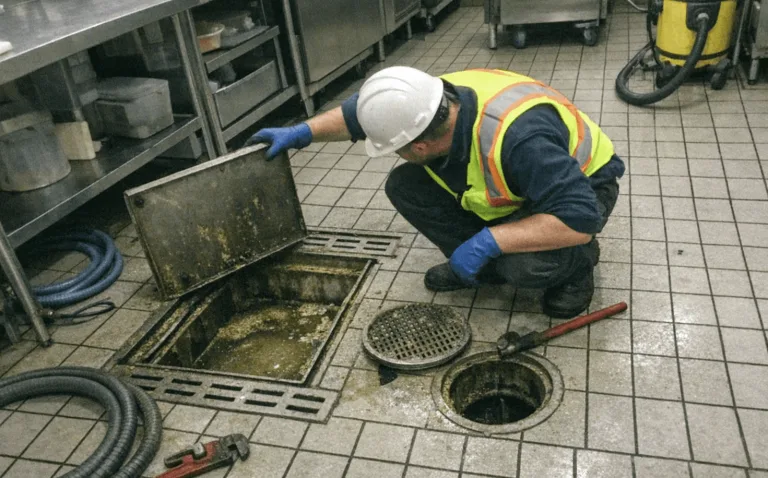 Rohrreinigungstechniker bei echten Einsätzen mit Werkzeugen, Rohrzugängen und Kamerainspektion.