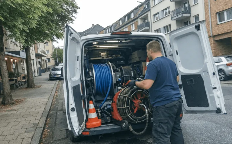 Rohrreinigungstechniker mit Fahrzeug in Hohenwart Wohngebiet.
