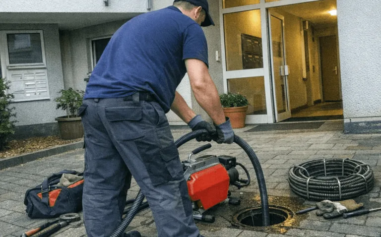 Außenansicht eines Mehrfamilienhauses mit mehreren Fallsträngen und Entwässerungsbezug