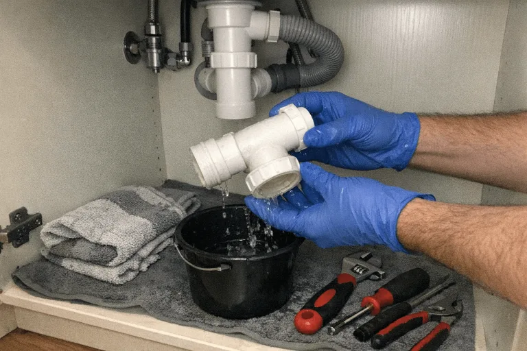 Fachkraft reinigt einen Siphon unter einer Küchenspüle bei einer kleinen Abflussverstopfung
