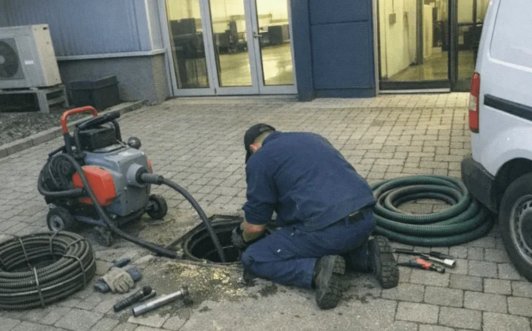 Offener Schacht mit TV-Inspektionskamera und Werkzeugen zur professionellen Kanalreinigung.